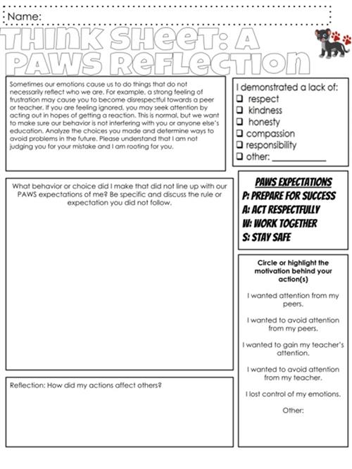 PAWS Reflection Think Sheet